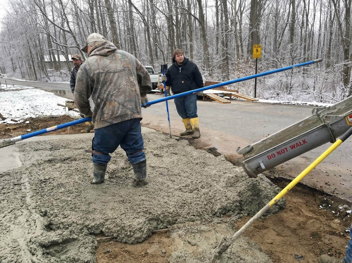 Crew placing fresh concrete from a truck chute with snow-covered ground and trees nearby