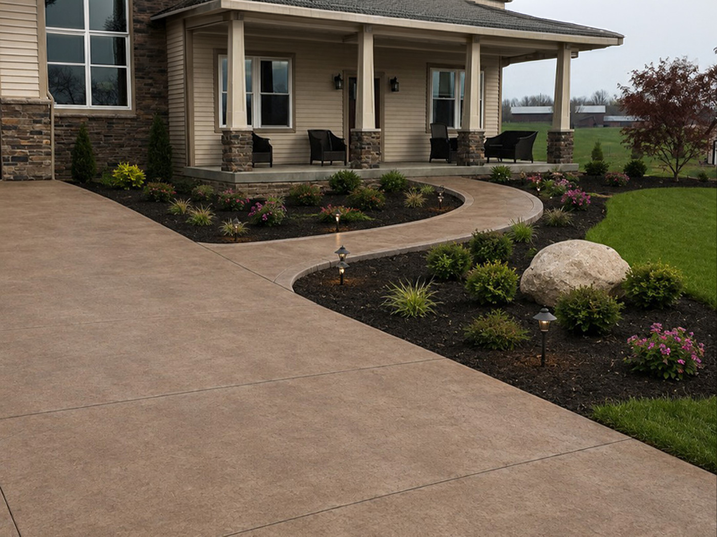 Replacement colored concrete driveway installed in Battle Creek, Michigan