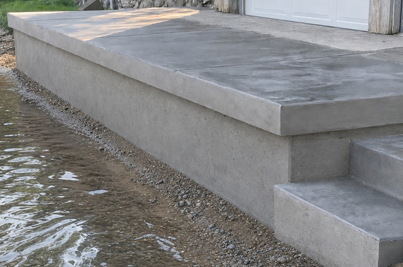 Concrete seawall and lakeside steps at Diamond Lake in Cassopolis, Michigan
