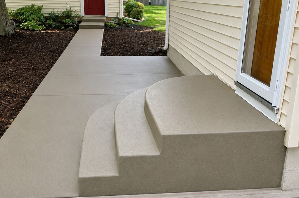 Custom concrete steps, sidewalk and garage entry in Constantine Michigan by Marc Todd Concrete