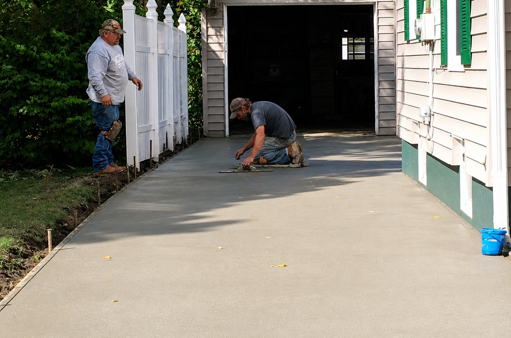 Concrete driveway being finished and troweled in Constantine Michigan