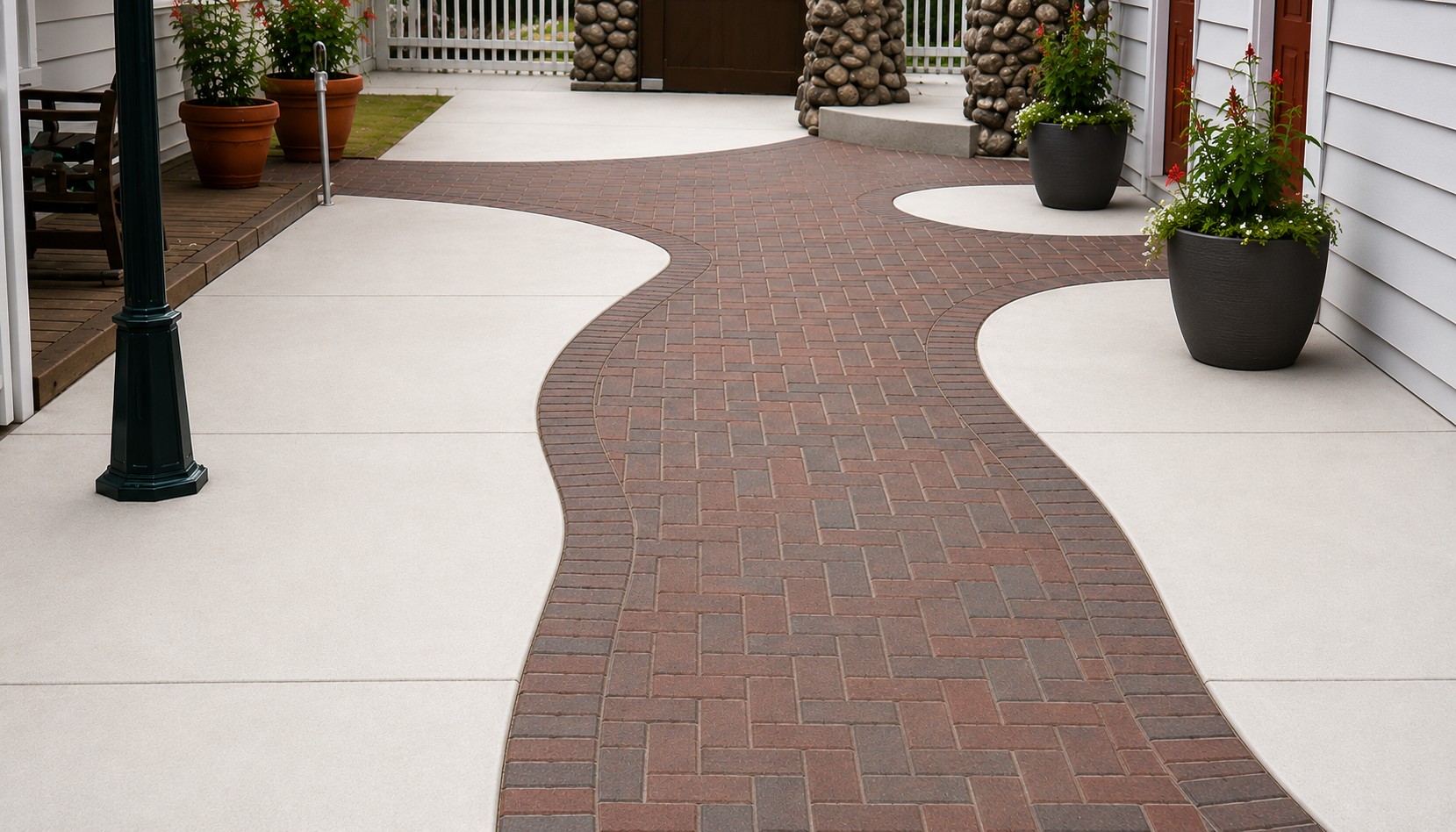 Concrete walkway with inlaid paving bricks at Klinger Lake near Sturgis Michigan