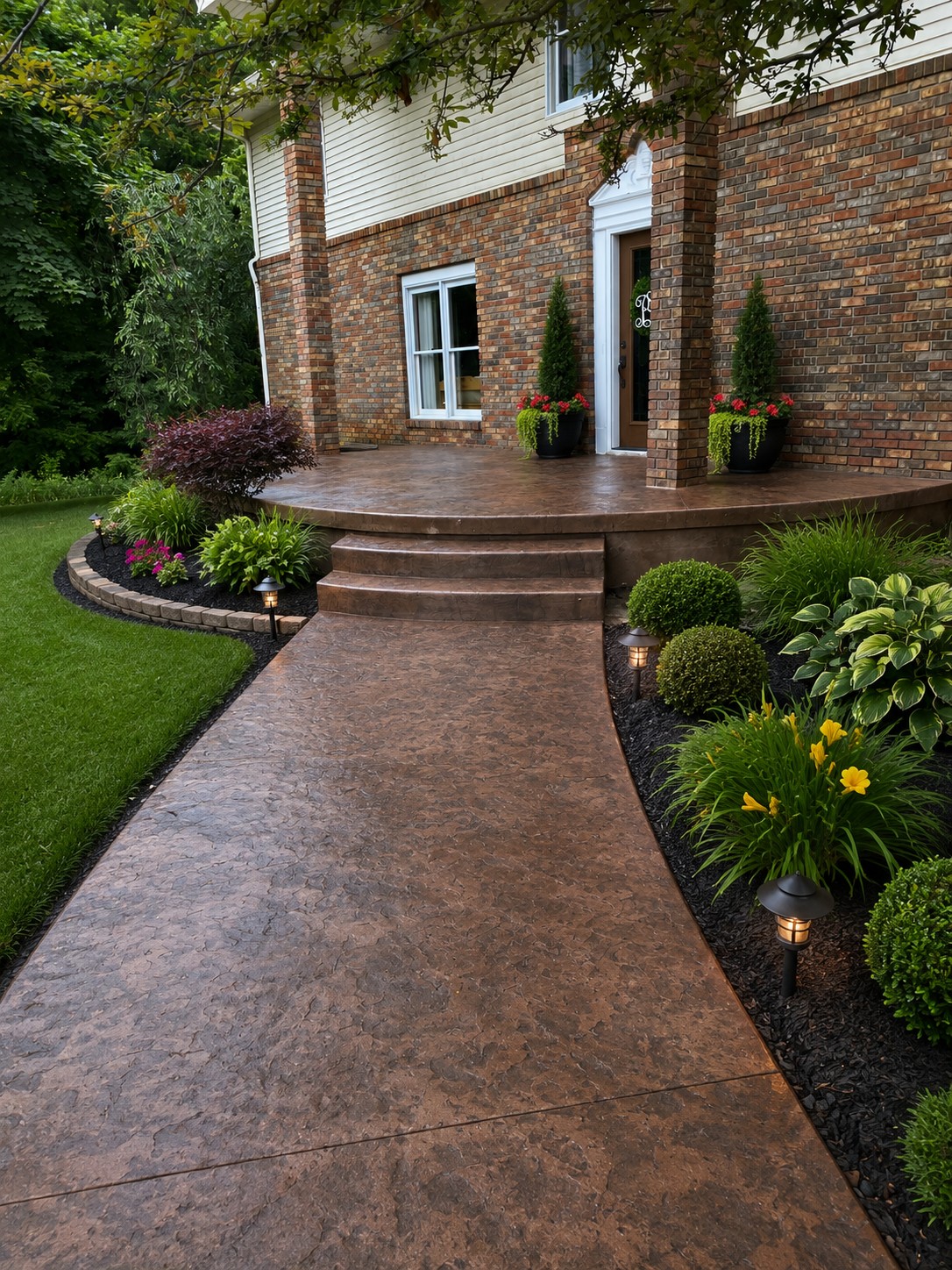 Wide view of a custom stamped concrete patio in Three Rivers Michigan