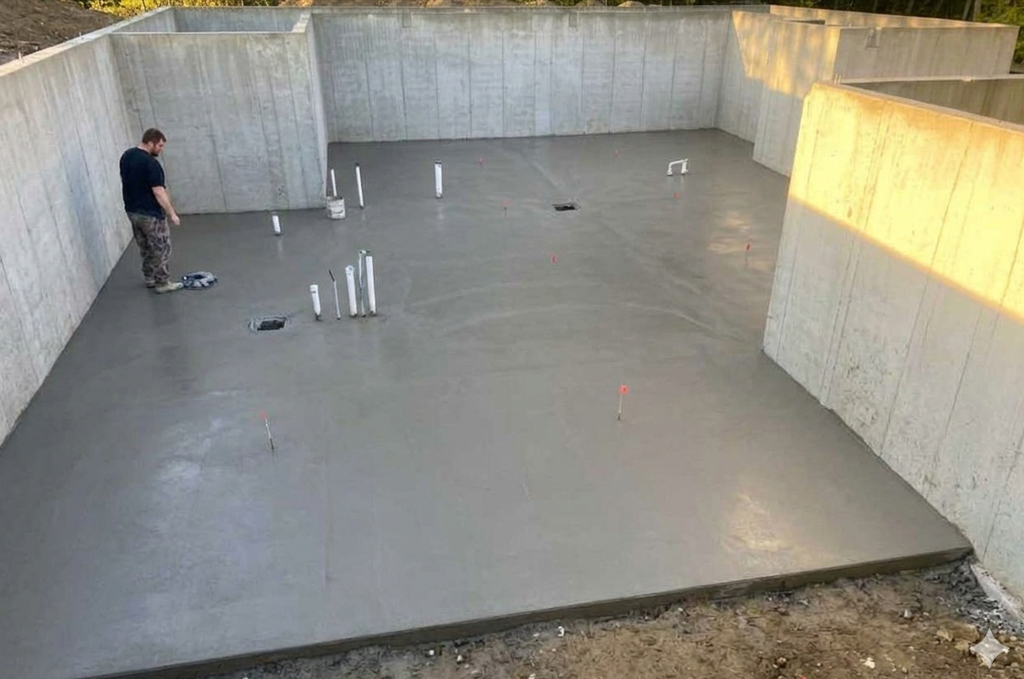 Basement concrete floor preparation around plumbing in Kendallville Indiana