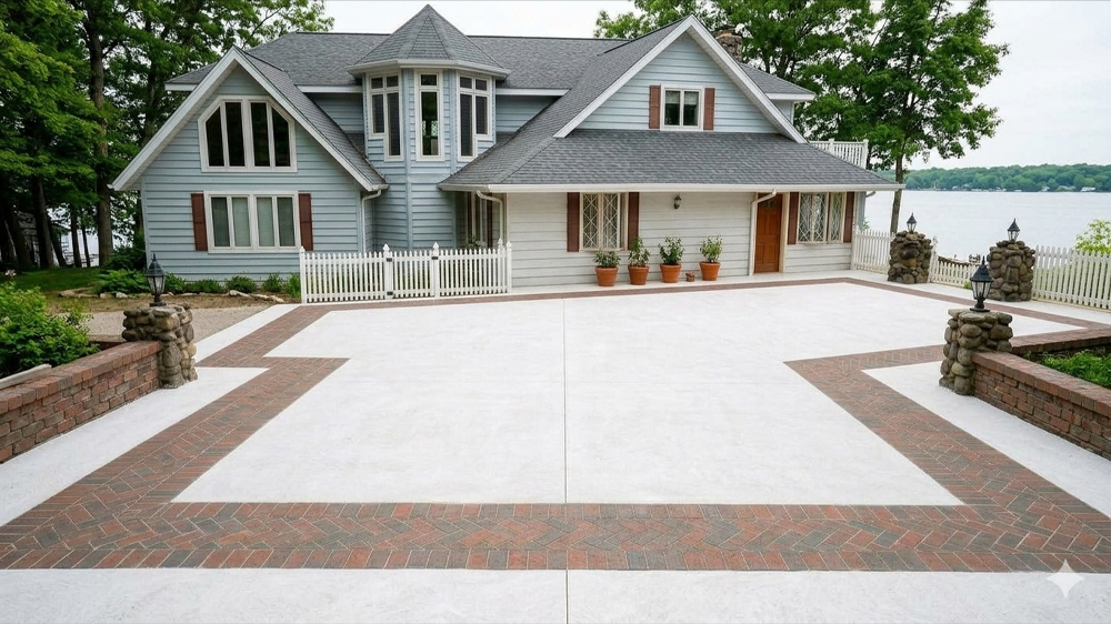 Concrete pavers inlaid into poured concrete at Diamond Lake in Cassopolis Michigan