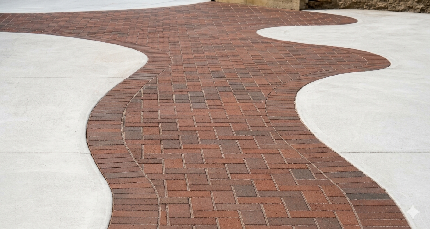 Decorative paving brick walkway inlaid into a concrete pad in Cassopolis Michigan