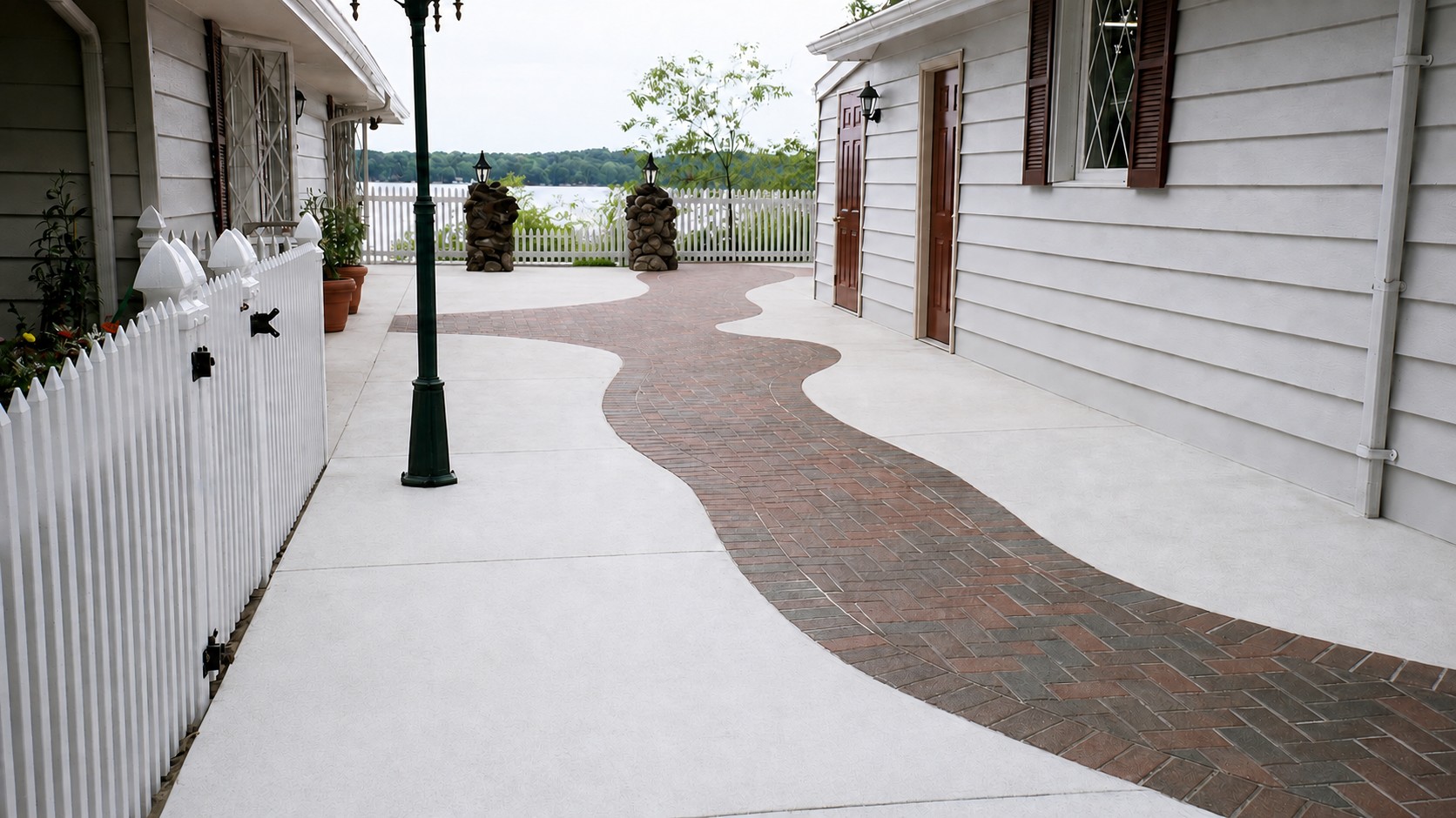 Paving brick accents inlaid into concrete near Klinger Lake in Sturgis Michigan